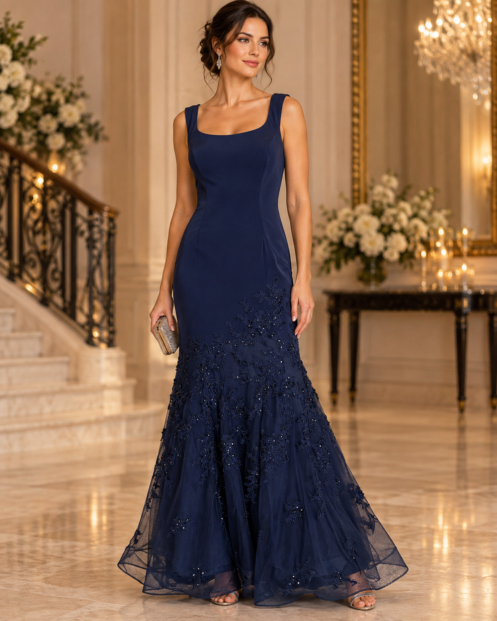 Montage Women Gown 12 Blue Embroidered Floral Beaded Lace Formal Evening Wedding
